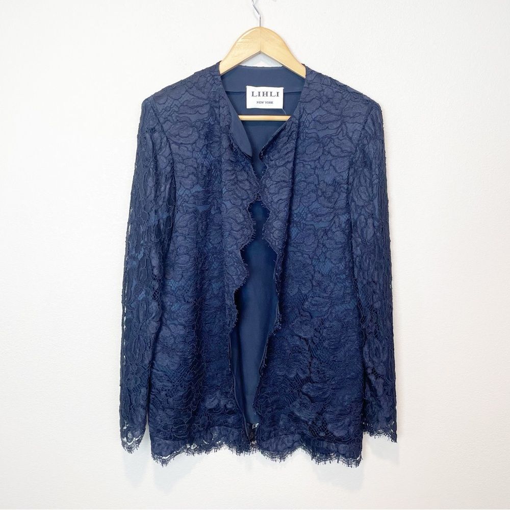 Vintage Lihli Navy Lace Blazer Size 14 Scalloped Front Trim Silk Lining